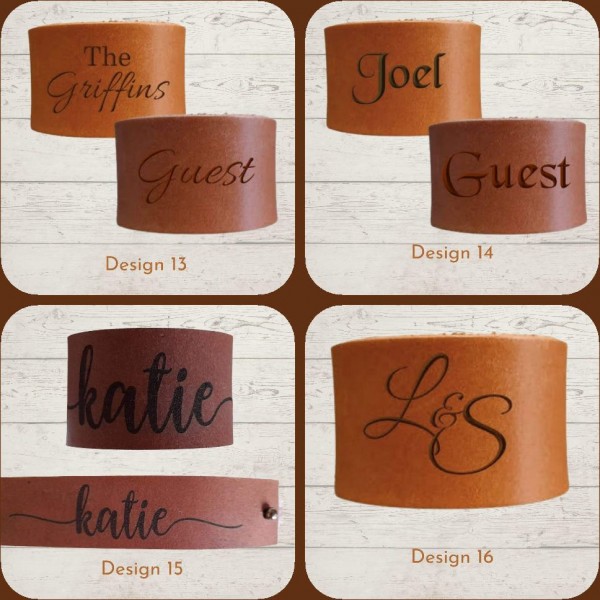 Personalised leather napkin rings, engraved with names or short phrases