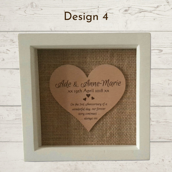 Framed Personalised Leather Hearts for Wedding or 3rd Anniversary gift
