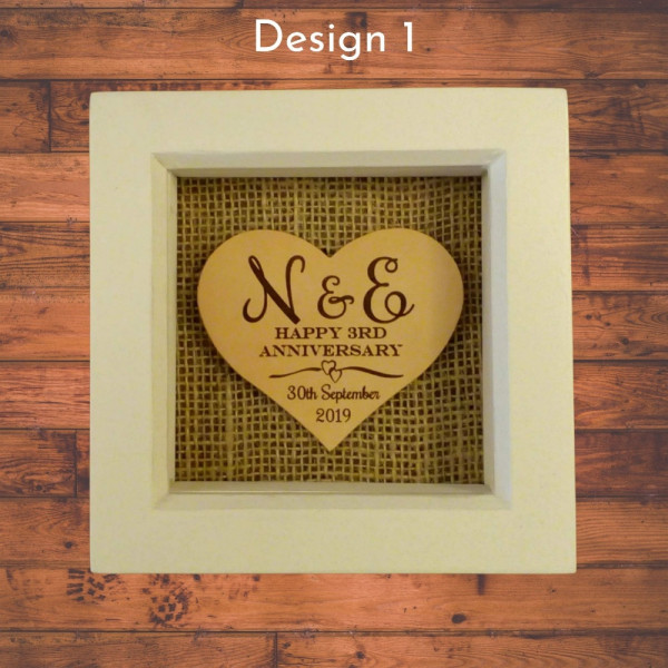 Framed Personalised Leather Hearts for Wedding or 3rd Anniversary gift