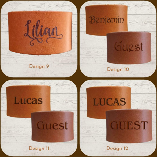 Personalised leather napkin rings, engraved with names or short phrases