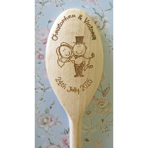 Decorated Wooden Wedding Spoon - Personalised with cartoon couple