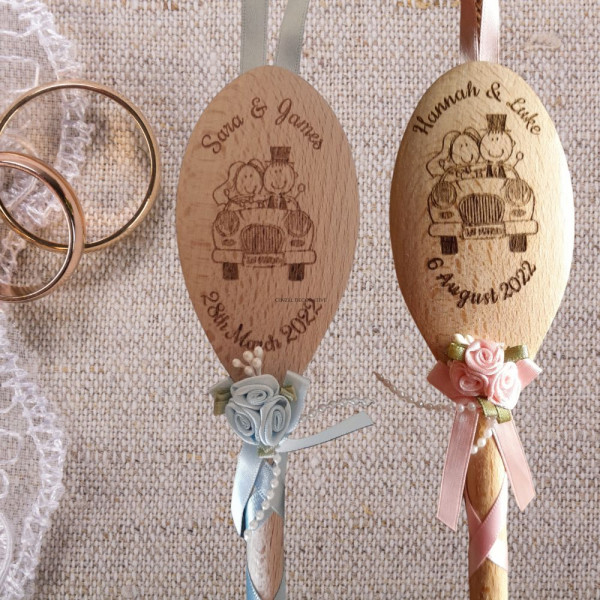 Decorated Wooden Wedding Spoon - Personalised with cartoon couple