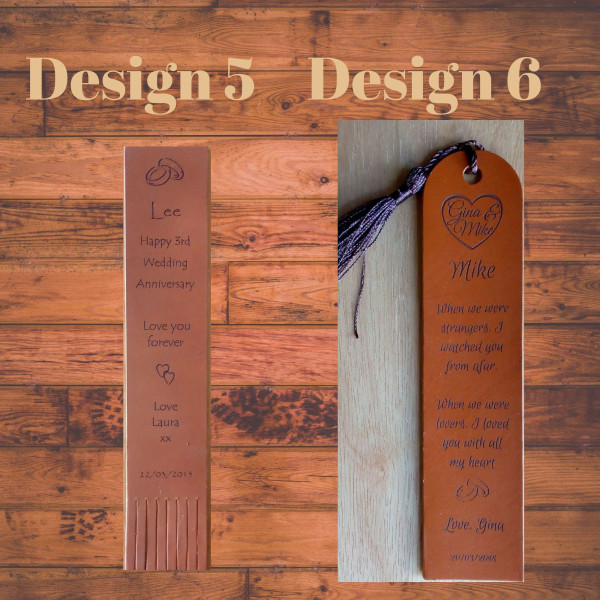 3rd Anniversary Gift - Personalised leather bookmarks in set designs to choose from
