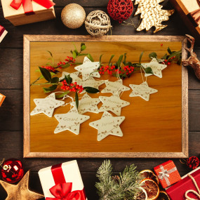 Wooden Stars - Christmas decoration Engraved for baby's first Christmas