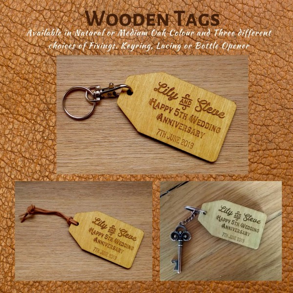 5th Anniversary Gift - Wooden tags and Keyrings engraved and personalised