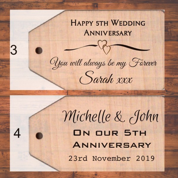 5th Anniversary Gift - Wooden tags and Keyrings engraved and personalised