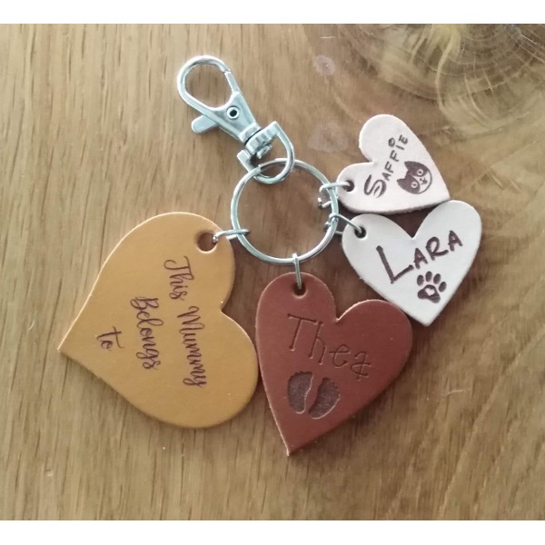 Leather Hearts Bag Charm or Keyring - Engraved with This Mummy belongs to