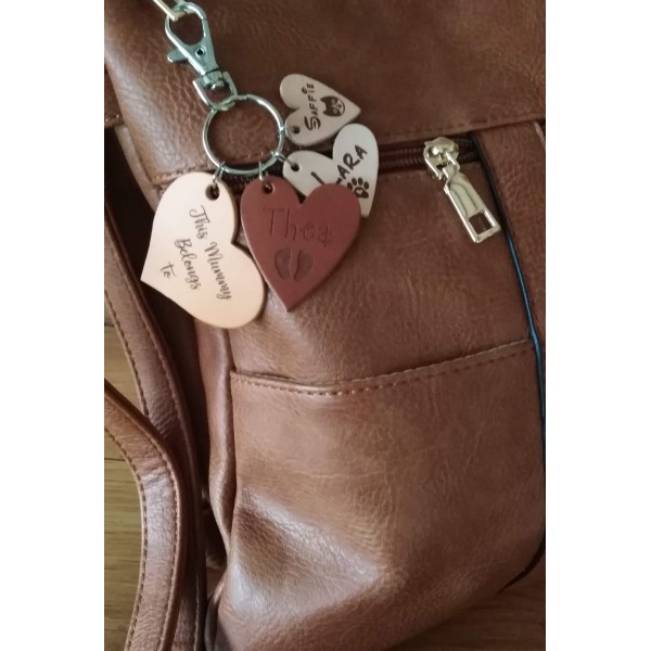 Leather Hearts Bag Charm or Keyring - Engraved with This Mummy belongs to