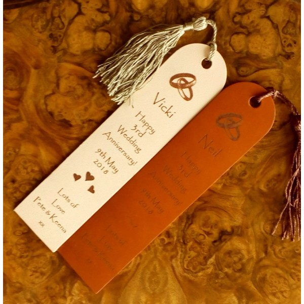 Personalised Leather Bookmarks - Curved top 3rd Anniversary Gift - in our Set Designs