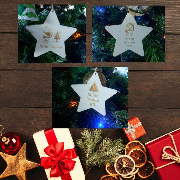 Wooden Stars - Christmas decoration Engraved for baby's first Christmas